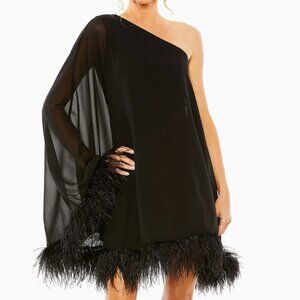 NWT - Mac Duggal Feather-Trimmed Trapeze One-Shoulder Dress - Size 4